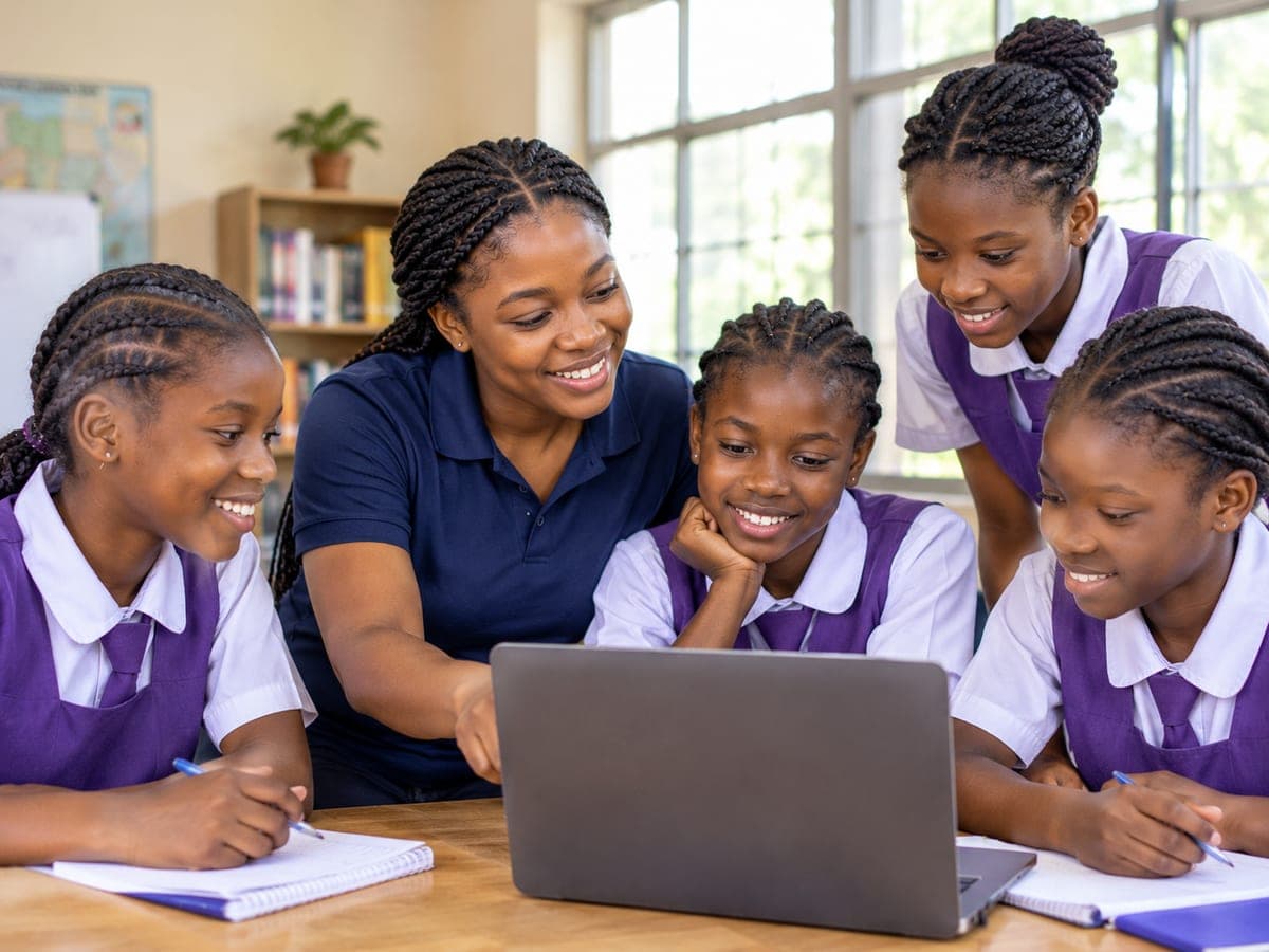 A JTAH mentor working with schoolgirls on a laptop